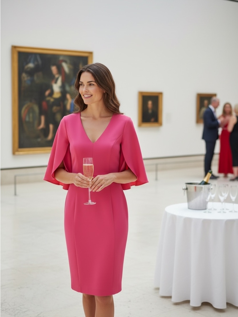Milly Hot Pink V-Neck Midi Cocktail Dress with Cape Sleeves